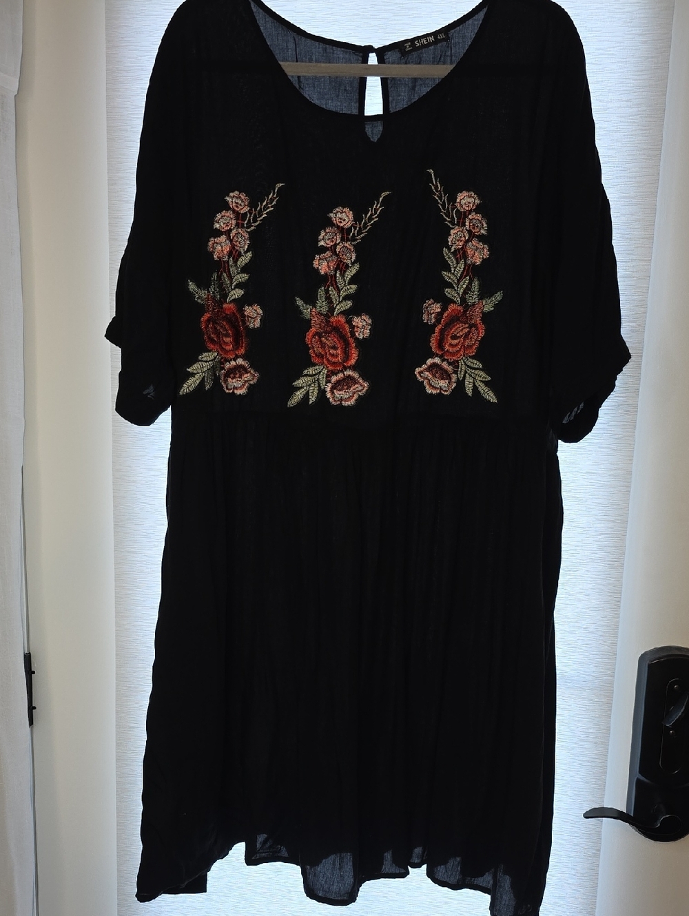 SHEIN Black Embroidered Floral Midi Dress with Red Rose Accents